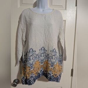 Pure Jill By J. Jill Large Cream Blouse Gauzy 100% Cotton Yellow Blue Print